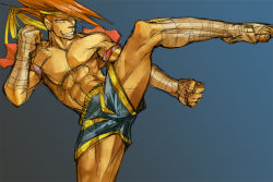 Rule 34 | 1boy, abs, adon (street fighter), armlet, bad id, bad pixiv id, bandages, capcom, fighting stance, hand wraps, headband, male focus, mongkhon, muscular, pointy hair, red hair, shorts, simple background, solo, standing, standing on one leg, street fighter, tk (hibatidori), wrist wrap