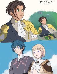 Rule 34 | 1girl, 2boys, adz lrp, blonde hair, blue eyes, blue hair, brown hair, byleth (fire emblem), byleth (male) (fire emblem), cape, claude von riegan, earrings, fire emblem, fire emblem: three houses, highres, husband and wife, jewelry, mercedes von martritz, multiple boys, nintendo, own hands clasped, own hands together, ring, short hair, sky, smile, wedding band