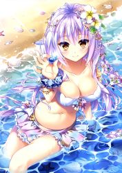 Rule 34 | 1girl, absurdres, arm support, beach, bikini, blush, bracelet, braid, breasts, cleavage, closed mouth, collarbone, dengeki moeou, fingernails, flower, hair flower, hair ornament, highres, holding, jewelry, large breasts, light purple hair, long fingernails, long hair, looking at viewer, navel, outdoors, scan, scrunchie, shell, side braid, sitting, skirt, smile, solo, starfish, sunlight, suzushiro atsushi, swimsuit, very long hair, water, yellow eyes