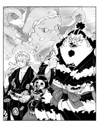 Rule 34 | chabo (niwatori bosori), child, commentary request, crying, earrings, eating, facial hair, fish boy, food, goatee, greyscale, highres, japanese clothes, jewelry, jinbe (one piece), kimono, monochrome, octopus, one piece, ponytail, roronoa zoro, sash, scar, scar across eye, scar on face, short hair, sitting, smoke, spiked hair, takoyaki, toko (one piece)