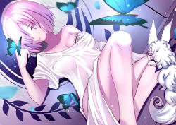 Rule 34 | 1girl, absurdres, bare shoulders, breasts, bug, butterfly, butterfly on hand, cleavage, collarbone, fate/grand order, fate (series), fou (fate), hair over one eye, highres, indoors, insect, looking at viewer, mash kyrielight, paperfinger, petals, pink hair, purple eyes, sitting, solo, sparkle, tagme