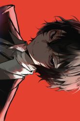 Rule 34 | 1boy, bandaged neck, bandages, black eyes, black hair, brown jacket, bungou stray dogs, closed mouth, dazai osamu (bungou stray dogs), hair between eyes, highres, jacket, light, looking at viewer, male focus, portrait, red background, shirt, short hair, simple background, smile, solo, white shirt, ya ta