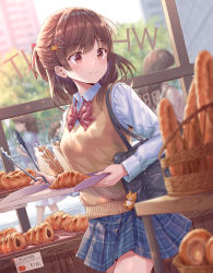 Rule 34 | 1girl, bag, bag charm, baguette, bakery, black bag, blue skirt, blurry, blurry foreground, blush, bow, bowtie, bread, breasts, brown eyes, brown hair, brown vest, cat hair ornament, charm (object), closed mouth, collared shirt, commentary request, cowboy shot, croissant, day, depth of field, dutch angle, food, hair ornament, hair ribbon, hairclip, hirokazu (analysis-depth), holding, indoors, long hair, long sleeves, medium breasts, original, plaid, plaid neckwear, plaid skirt, red neckwear, red ribbon, ribbon, sandwich, school uniform, serafuku, shirt, shop, shoulder bag, skirt, smile, solo focus, sweater vest, tongs, uniform, vest, white shirt, x hair ornament, yen sign