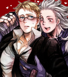 Rule 34 | 1boy, 1girl, holding another&#039;s arm, blonde hair, blue eyes, blush, couple, cross, dorohedoro, earrings, formal, glasses, gloves, heart, hetero, holding own arm, hug, hug from behind, inverted cross, jewelry, mosha (dusttodust48), muscular, necktie, noi (dorohedoro), open mouth, scar, shin (dorohedoro), silver hair, smile, suit, tuxedo