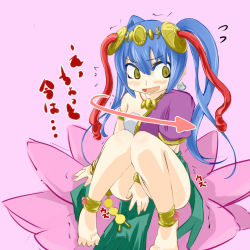 Rule 34 | 1girl, anklet, armlet, arrow (projectile), barefoot, between legs, blue hair, blush, bracelet, earrings, female focus, flower, flying sweatdrops, full body, hand between legs, have to pee, japanese text, jewelry, knees together feet apart, lakshmi (p&amp;d), looking away, looking to the side, open mouth, pigeon-toed, pink flower, purple background, puzzle &amp; dragons, rodon, simple background, sitting, smile, solo, translation request, trembling, twintails, yellow eyes