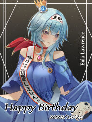 Rule 34 | 1girl, absurdres, alternate costume, birthday, blue dress, blue hair, blush, breasts, brooch, character name, choker, collarbone, commentary request, crown, daiko (dai1974910), dress, eula (genshin impact), genshin impact, hair between eyes, hairband, happy birthday, highres, jewelry, light particles, looking to the side, medium breasts, medium hair, mini crown, off-shoulder dress, off shoulder, paimon (genshin impact), parted lips, pink gemstone, purple eyes, ribbon choker, sash, sidelocks, skirt hold, solo, upper body