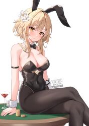 Rule 34 | 1girl, animal ears, ardenlolo, arm strap, bare shoulders, black hairband, black leotard, black pantyhose, blonde hair, bow, bowtie, breasts, cleavage, cocktail glass, coin, covered navel, crossed legs, cup, detached collar, drinking glass, fake animal ears, fake tail, flower, genshin impact, gold trim, hair flower, hair ornament, hairband, highleg, highleg leotard, leotard, lumine (genshin impact), medium breasts, orange eyes, pantyhose, parted lips, playboy bunny, rabbit ears, rabbit tail, short hair with long locks, sidelocks, sitting, solo, strapless, strapless leotard, tail, thighs, wrist cuffs