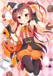 Rule 34 | 1girl, :o, alternate costume, alternate hairstyle, black gloves, black pantyhose, blush, boots, brown hair, cafe-chan to break time, cafe (cafe-chan to break time), candy, chestnut mouth, coffee beans, cover image, cup, fang, food, gloves, halloween, halloween costume, hat, jack-o&#039;-lantern, pantyhose under shorts, long hair, looking at viewer, original, pantyhose, personification, porurin (do-desho), red eyes, shirt, shorts, side ponytail, sleeveless, sleeveless shirt, solo, teacup, witch hat