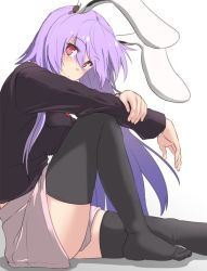 Rule 34 | 1girl, animal ears, black thighhighs, blazer, blush, breasts, from side, jacket, knee up, large breasts, light purple hair, long hair, long sleeves, looking at viewer, necktie, no shoes, nokishita kumoemon, pink skirt, rabbit ears, red eyes, red necktie, reisen udongein inaba, skirt, smile, solo, thighhighs, touhou, very long hair
