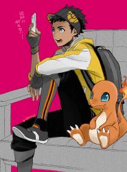 Rule 34 | 10s, 1boy, bag, black hair, blue eyes, cellphone, charmander, couch, creatures (company), dark-skinned male, dark skin, fingerless gloves, fire, flame-tipped tail, game freak, gen 1 pokemon, gloves, hat, male protagonist (pokemon go), nintendo, open mouth, phone, pink background, pokemon, pokemon (creature), pokemon go, simple background, sitting, tail, teeth, yamo (miyamo)