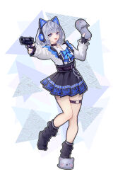 Rule 34 | 1girl, absurdres, animal ear headphones, animal ears, black footwear, black gloves, black skirt, blue bow, blue bowtie, blue eyes, bow, bowtie, cat ear headphones, cat o-ring, cat slippers, commentary, commentary request, fake animal ears, fingerless gloves, gloves, grey hair, gun, headphones, high-waist skirt, highres, holding, holding gun, holding sandals, holding weapon, hololive, hololive indonesia, indonesian commentary, leg warmers, long sleeves, looking at viewer, medium hair, meme attire, nail polish, official alternate costume, open mouth, pleated skirt, purple nails, samsam s2s, shirt, skirt, solo, standing, standing on one leg, suspender skirt, suspenders, thigh strap, vestia zeta, vestia zeta (jirai kei), virgin killer outfit, virtual youtuber, weapon, white shirt