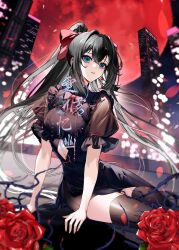 Rule 34 | 1girl, bad link, bart. d, black dress, black hair, black shorts, black thighhighs, blue eyes, building, chest cutout, cover, cover page, douluo dalu, dr. daji, dress, earrings, flower, hair ribbon, highres, jewelry, manga cover, moon, official art, parted lips, ponytail, red moon, ribbon, rose, short sleeves, shorts, sitting, skyscraper, solo, tang ya (douluo dalu), teeth, thighhighs, third-party source, upper body