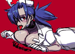 Rule 34 | 1girl, blue hair, blush, breasts, breasts out, choker, cleavage, collarbone, eyepatch, gloves, kyouhei hei, large breasts, lying, mask around neck, on stomach, ponytail, red background, red eyes, sketch, skullgirls, solo, tongue, tongue out, valentine (skullgirls)