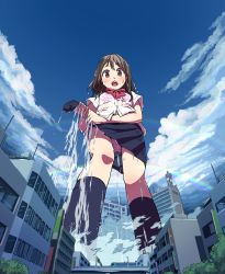 Rule 34 | 1girl, bad id, bad pixiv id, blush, brown eyes, brown hair, cloud, day, from below, giant, giantess, long hair, looking at viewer, looking down, open mouth, original, panties, pantyshot, school uniform, see-through, shapoco, short hair, skirt, sky, solo, standing, sweat, underwear, uniform, upskirt, very sweaty, water, wet, wet clothes, wringing clothes, wringing skirt