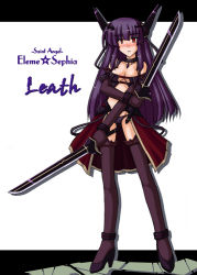 Rule 34 | 1girl, blush, breasts, choker, cleavage, collarbone, dual wielding, full body, headgear, holding, holding sword, holding weapon, kirin kakeru, large breasts, long hair, looking at viewer, purple hair, purple thighhighs, red eyes, simple background, solo, standing, sword, thighhighs, waistcoat, weapon, white background