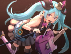 Rule 34 | 1girl, aqua hair, asymmetrical legwear, bare shoulders, black dress, black skirt, blue eyes, bow, bowtie, commentary, dress, electric guitar, fender telecaster, gloves, guitar, hair ornament, hat, hatsune miku, highres, holding, holding microphone stand, instrument, leaning forward, leg up, long hair, looking at viewer, looking to the side, magical mirai (vocaloid), magical mirai miku, magical mirai miku (2019), microphone, microphone stand, mini hat, mini top hat, mismatched legwear, neck ruff, open mouth, radio1985head, skirt, smile, solo, thighhighs, top hat, twintails, very long hair, vocaloid, white gloves