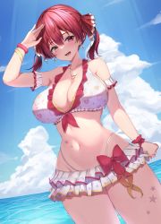 Rule 34 | 1girl, :d, absurdres, arm up, bare shoulders, bikini, bikini skirt, blue sky, breasts, cleavage, cloud, collarbone, cowboy shot, day, earrings, fang, frilled bikini, frills, heart, heart earrings, heart necklace, heterochromia, highres, hololive, houshou marine, jewelry, large breasts, layered skirt, light rays, looking at viewer, nai (cnoadi8), navel, necklace, ocean, open mouth, print bikini, red eyes, red hair, short hair, short twintails, skin fang, skirt, sky, smile, solo, stomach, sunbeam, sunlight, swimsuit, thigh gap, twintails, virtual youtuber, water, white bikini, white skirt, wristband, yellow eyes