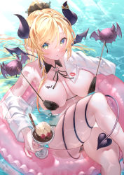 Rule 34 | 1girl, absurdres, bare shoulders, bikini, black bikini, blonde hair, blush, breasts, cherry, commentary request, crossed legs, cup, demon girl, demon horns, demon tail, demon wings, detached collar, feet out of frame, food, front-tie bikini top, front-tie top, fruit, green eyes, hair between eyes, highres, holding, holding cup, hololive, horns, huge filesize, ice cream, innertube, large breasts, lipstick mark, long hair, looking at viewer, open clothes, open shirt, parted lips, partially submerged, pointy ears, ponytail, rin31153336, shirt, solo, string bikini, sundae, swim ring, swimsuit, tail, tail around own leg, untied bikini, very long hair, virtual youtuber, water, wet, wet hair, white shirt, wings, yuzuki choco