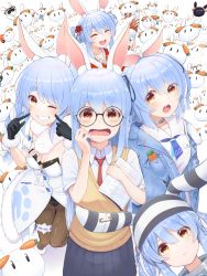 Rule 34 | absurdres, animal ears, black gloves, blue hair, blue jacket, braid, breasts, carrot hair ornament, cleavage, closed eyes, detached sleeves, don-chan (usada pekora), double bun, dress, food-themed hair ornament, fur-trimmed gloves, fur trim, furisode, glasses, gloves, grin, hair bun, hair ornament, highres, hololive, izu (tea value lord), jacket, japanese clothes, kimono, legband, multiple persona, necktie, one eye closed, open mouth, orange eyes, pantyhose, pekomon (usada pekora), pointing, pointing at self, prison clothes, rabbit-shaped pupils, rabbit ears, rabbit girl, red necktie, safety pin, sailor dress, school uniform, small breasts, smile, sweat, sweater vest, symbol-shaped pupils, thick eyebrows, twin braids, two side up, usada pekora, usada pekora (1st costume), usada pekora (casual), usada pekora (new year), usada pekora (prisoner), virtual youtuber, white hair