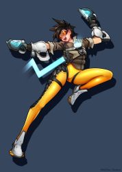 Rule 34 | 1girl, aiming, bad id, bad pixiv id, black gloves, black hair, bodysuit, breasts, dual wielding, full body, gloves, glowing, goggles, gun, handgun, holding, jacket, lace-up legwear, long legs, medium breasts, neocoill, neon trim, open mouth, overwatch, overwatch 1, pistol, shoes, short hair, simple background, sleeves pushed up, smile, sneakers, solo, spiked hair, tracer (overwatch), weapon