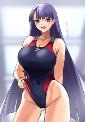Rule 34 | 1girl, black one-piece swimsuit, blue eyes, breasts, clothes pull, collarbone, competition swimsuit, contrapposto, cowboy shot, fate/grand order, fate (series), gachou, highleg, highleg swimsuit, hime cut, large breasts, long hair, looking at viewer, martha (fate), one-piece swimsuit, one-piece swimsuit pull, purple hair, solo, speedo (company), standing, straight hair, swimsuit, translation request