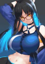 Rule 34 | 1girl, :o, arm up, armlet, armpits, bad id, bad pixiv id, bare shoulders, black choker, black hair, black shorts, blue hair, blue jacket, blue shirt, breasts, choker, collarbone, colored inner hair, covered erect nipples, criss-cross halter, crop top, cropped jacket, glasses, gloves, glowing, glowing hair, gradient background, groin, halterneck, jacket, large breasts, long hair, long sleeves, looking at viewer, midriff, multicolored hair, navel, open clothes, open jacket, open mouth, original, red-framed eyewear, shirt, shorts, sidelocks, sleeveless, sleeveless shirt, solo, stomach, tank top, two-tone hair, upper body, white gloves, xiujia yihuizi, yellow eyes