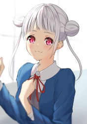 Rule 34 | 1girl, absurdres, arashi chisato, artist name, artist request, blue cardigan, blue jacket, blush, bow, bowtie, breasts, buttons, cardigan, close-up, collared shirt, cropped jacket, double bun, dress, dress shirt, female focus, grey shirt, hair bun, hair tie, highres, jacket, long hair, long sleeves, looking at viewer, love live!, love live! superstar!!, nail, nail polish, neck ribbon, parted lips, pink nails, pink nails, red bow, red eyes, red ribbon, ribbon, school uniform, shirt, small breasts, smile, solo, twintails, upper body, white hair, white shirt, window, wing collar, yuigaoka school uniform