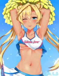 Rule 34 | 1girl, abukuma (kancolle), armpits, arms up, blonde hair, blue eyes, blush, breasts, cheerleader, clothes writing, cloud, crop top, crop top overhang, day, double bun, hair bun, hair rings, highres, ibuki grunt, kantai collection, long hair, medium breasts, midriff, navel, one eye closed, open mouth, outdoors, pleated skirt, pom pom (cheerleading), skirt, sky, solo, steam, stomach, sweat, tan, tanline, twintails, twitter username, underboob, upper body