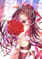 Rule 34 | 1girl, bare shoulders, black gloves, black shorts, black thighhighs, bouquet, brown hair, center opening, collarbone, commentary request, demon girl, demon horns, detached collar, eyes visible through hair, floating hair, flower, garter straps, gloves, hair ornament, hair ribbon, hairclip, happy birthday, head wings, high heels, highres, horns, long hair, looking at viewer, midriff, multicolored hair, noripro, okanoyuno, open fly, open mouth, ouma kirara, red eyes, red flower, red rose, revealing clothes, ribbon, rose, sailor collar, shirt, shoes, short shorts, shorts, single thighhigh, sleeveless, sleeveless shirt, solo, standing, standing on one leg, stomach, thighhighs, two side up, virtual youtuber, white shirt, wings, x hair ornament