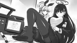 Rule 34 | 2girls, animal ears, black hair, black suit, blue archive, breasts, camcorder, fake animal ears, formal, greyscale, highres, id card, leotard, long hair, long sleeves, monochrome, multiple girls, no shoes, pantyhose, penchivalry, playboy bunny, pleated skirt, puffy long sleeves, puffy sleeves, rio (blue archive), skirt, suit, toki (blue archive), toki (bunny) (blue archive), v, video camera