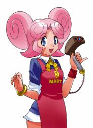 Rule 34 | 1girl, apron, barcode scanner, blue eyes, bracelet, clothes writing, cowboy shot, holding, jewelry, open mouth, pink hair, simple background, solo, white background, wristband, yoshizaki mine