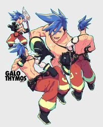 Rule 34 | 1boy, aruzanganz, back, bad id, bad twitter id, blue hair, chibi, galo thymos, gloves, highres, looking at viewer, male focus, open mouth, pectorals, polearm, promare, prosthesis, prosthetic arm, topless male, sleeping, sleeping upright, smile, spear, spiked hair, weapon