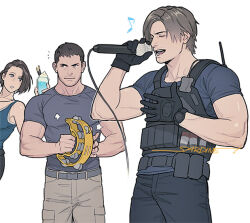 Rule 34 | 1girl, 2boys, bare shoulders, black gloves, blue pants, blue shirt, blue tank top, brown hair, bulletproof vest, chris redfield, closed eyes, cowboy shot, drink, facial hair, gloves, grey shirt, hand on own chest, holding, holding drink, holding instrument, holding microphone, instrument, jill valentine, karaoke, khaki pants, leon s. kennedy, long hair, looking at another, microphone, multiple boys, muscular, muscular male, music, musical note, open mouth, pants, parted bangs, parted lips, resident evil, resident evil 6, sardine (kjr0313), shirt, shirt under shirt, short hair, short sleeves, singing, stubble, tambourine, tank top, tight clothes, tight shirt, very long hair, white background, white shirt