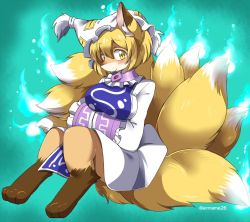 Rule 34 | 1girl, animal ears, bare legs, barefoot, blonde hair, blue fire, blush, body fur, breast hold, breasts, closed mouth, dress, eromame, eyebrows, fire, fox, fox ears, fox girl, fox tail, frills, furrification, furry, furry female, hair between eyes, hat, hitodama, large breasts, long sleeves, mob cap, multiple tails, ofuda, ofuda on clothes, own hands together, short hair, smile, solo, tabard, tail, touhou, twitter username, white dress, white hat, yakumo ran, yellow eyes