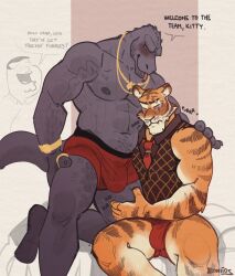Rule 34 | 3boys, :d, absurdres, animal ears, bara, blush, boxers, bulge, character request, doodle inset, double chin, english text, fortnite, furry, furry male, furry with furry, highres, large pectorals, lizardman, male focus, male underwear, mature male, multiple boys, muscular, muscular male, no pants, on bed, open mouth, orange fur, oscar (fortnite), pectorals, peter griffin, petting, purring, red male underwear, smile, strongman waist, tail, thick eyebrows, thick thighs, thighs, tiger boy, tiger ears, tiger tail, tongue, tongue out, tony (xeoniios), topless male, underwear, white fur, yaoi