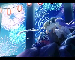 Rule 34 | 1boy, 2girls, aerial fireworks, artoria caster (fate), artoria pendragon (fate), black hair, blonde hair, blue eyes, commission, fate/grand order, fate (series), fireworks, fujimaru ritsuka (male), green eyes, hair ribbon, hetero, highres, japanese clothes, kimono, lantern, long hair, looking at another, meltryllis (fate), multiple girls, night, night sky, omame korokor, purple hair, ribbon, second-party source, short hair, signature, skeb commission, sky, twintails