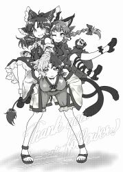 Rule 34 | 3girls, absurdres, animal ears, bow, breasts, carbohydrate (asta4282), carrying, cat ears, cat girl, cat tail, commentary request, cow ears, cow girl, cow horns, cow tail, english text, full body, greyscale, hair bow, hair tubes, hakurei reimu, highres, horns, kaenbyou rin, leg ribbon, looking at viewer, medium hair, milestone celebration, monochrome, multiple girls, multiple tails, one eye closed, open mouth, ribbon, shorts, sidelocks, simple background, standing, tail, touhou, two tails, ushizaki urumi