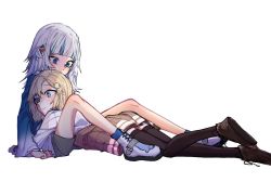 Rule 34 | 2girls, blonde hair, blue eyes, blue hoodie, blunt bangs, boots, cross-laced footwear, dress shirt, enot, female focus, gawr gura, hair ornament, head on chest, hololive, hololive english, hood, hoodie, lace-up boots, leaning on person, leg up, long sleeves, lying, lying on person, medium skirt, messy hair, multiple girls, on floor, parted bangs, parted hair, pleated skirt, shirt, shoes, short hair, shorts, simple background, sitting, skirt, socks, surprised, thighhighs, two side up, virtual youtuber, watson amelia, white background, zettai ryouiki