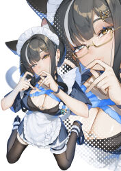 Rule 34 | 1girl, animal ear fluff, animal ears, apron, black hair, breasts, brown eyes, cat ears, character request, cleavage, cleavage cutout, clothing cutout, copyright request, fake animal ears, glasses, hair ornament, heart, heart hands, highres, large breasts, looking at viewer, maid, maid apron, maid headdress, mayuri kaichou, multicolored hair, star (symbol), star hair ornament, streaked hair, tail, thighhighs, white hair
