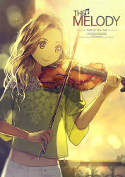 Rule 34 | 1girl, blonde hair, bow (music), brown eyes, closed mouth, green shirt, instrument, midriff, music, original, pants, playing instrument, shirt, smile, solo, standing, violin, white pants, wide sleeves, yohan12