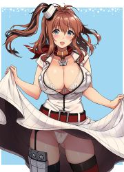 Rule 34 | 10s, 1girl, :d, bare arms, belt, belt buckle, black hair, black thighhighs, blue background, blue eyes, blush, bra, breast pocket, breasts, brown hair, buckle, cleavage, clothes lift, collarbone, commentary request, cowboy shot, front-tie top, garter straps, gluteal fold, hair between eyes, hat, kantai collection, kekocha, large breasts, lifting own clothes, long hair, long skirt, multicolored hair, one side up, open clothes, open mouth, open shirt, panties, pocket, red scarf, round teeth, saratoga (kancolle), scarf, shiny skin, shirt, short sleeves, sidelocks, simple background, skirt, skirt lift, smile, solo, standing, streaked hair, teeth, thighhighs, underwear, white bra, white hat, white panties, white shirt, white skirt