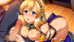 Rule 34 | 1boy, 1girl, armlet, ass, bag, blonde hair, blue eyes, blue hairband, blue pants, breasts, censored, from above, game cg, hair between eyes, hairband, hetero, imminent fellatio, indoors, large breasts, long hair, oblivious (dmm), official art, open mouth, pants, shiny skin, shokuyou mogura, wooden floor