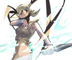 Rule 34 | 1girl, antenna hair, bandaged arm, bandages, bare shoulders, black hair, black mask, breasts, brown eyes, brown gloves, clothing cutout, cofffee, cowboy shot, gloves, hand up, headwear request, high ponytail, hip vent, holding, holding weapon, ibuki (street fighter), japanese clothes, kunai, long bangs, long hair, looking to the side, mask, medium breasts, mouth mask, ninja, ninja mask, no panties, solo, street fighter, street fighter iii (series), thigh cutout, torn clothes, very long hair, weapon