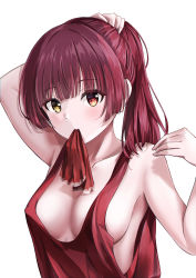 Rule 34 | 1girl, absurdres, arm up, bad id, bad pixiv id, breasts, cleavage, collarbone, daidai (daidai826), heterochromia, highres, hololive, houshou marine, long hair, medium breasts, mouth hold, ponytail, red eyes, red hair, red tank top, ribbon, ribbon in mouth, sideboob, simple background, solo, tank top, tying hair, upper body, virtual youtuber, white background, yellow eyes
