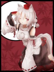 Rule 34 | 1girl, animal ears, border, detached sleeves, gauntlets, hat, inubashiri momiji, long sleeves, looking at viewer, minamina, one eye closed, open mouth, pink eyes, shirt, silver hair, simple background, skirt, solo, tail, tokin hat, touhou, wide sleeves, wolf ears, wolf tail