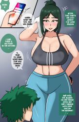 Rule 34 | 1boy, 1girl, boku no hero academia, breasts, cellphone, cleavage, curvy, english text, facing viewer, green eyes, green hair, highres, huge breasts, large breasts, mature female, midoriya inko, midoriya izuku, mother and son, motherly netorare, navel, parted lips, phone, smartphone, speech bubble, sports bra, standing, sweat, thick thighs, thighs, toned female, victor21900, wide hips