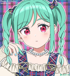Rule 34 | 1girl, aqua hair, bead necklace, beads, blue nails, blush, bow, braid, closed mouth, collarbone, commentary request, dated, expressionless, hair bow, happy birthday, highres, jellyfish (love live!), jenny (je2live), jewelry, long sleeves, looking at viewer, love live!, love live! superstar!!, necklace, off-shoulder shirt, off shoulder, onitsuka tomari, partial commentary, pink background, plaid, plaid background, plaid bow, plaid skirt, red eyes, shirt, sidelocks, skirt, sleeves past wrists, solo, twin braids, twitter username, upper body, white shirt