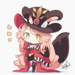 Rule 34 | 1girl, animal ear fluff, animal ears, asymmetrical legwear, bare shoulders, beni shake, black hat, black shorts, black thighhighs, blush stickers, breasts, cleavage, closed mouth, collarbone, commentary request, fang, fang out, fate/grand order, fate (series), full body, grey background, hat, jacket, koyanskaya (fate), koyanskaya (foreigner) (second ascension) (fate), long hair, long sleeves, medium breasts, mismatched legwear, notice lines, pink hair, red jacket, short shorts, shorts, signature, single thighhigh, smile, solo, standing, tail, tamamo (fate), thighhighs, very long hair, white thighhighs, wide sleeves, yellow eyes