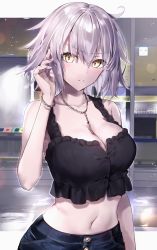 Rule 34 | 1girl, absurdres, bare shoulders, black camisole, blue pants, blush, bracelet, breasts, camisole, cleavage, collarbone, contemporary, denim, fate/grand order, fate (series), hane yuki, highres, jeanne d&#039;arc (fate), jeanne d&#039;arc alter (avenger) (fate), jeanne d&#039;arc alter (fate), jeans, jewelry, large breasts, looking at viewer, midriff, navel, necklace, pants, short hair, silver hair, solo, yellow eyes