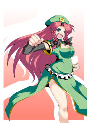 Rule 34 | 1girl, black bow, black ribbon, blue eyes, bow, braid, breasts, chinese clothes, chinese text, cleavage, clenched hand, clenched hands, detached sleeves, dress, fang, female focus, frills, gradient background, green dress, hat, hong meiling, kotepo, long hair, looking at viewer, medium breasts, one eye closed, open mouth, red hair, ribbon, side slit, smile, solo, standing, standing on one leg, star (symbol), touhou, twin braids, very long hair, wink